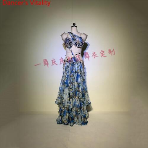 Customized Lady Belly Dance Ribbon Bra Glitter Diamond Skirt Women Oriental Indian Drum Dance Group Competition Stage Wear Set