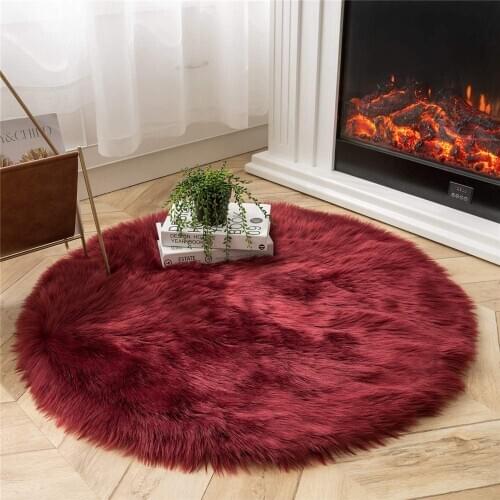 Faux Fur Burgundy Round Area Rug Fluffy Indoor Carpet for Bedroom Dorm Room Kids Baby Living Room Home Decorate Floor Rug Pink
