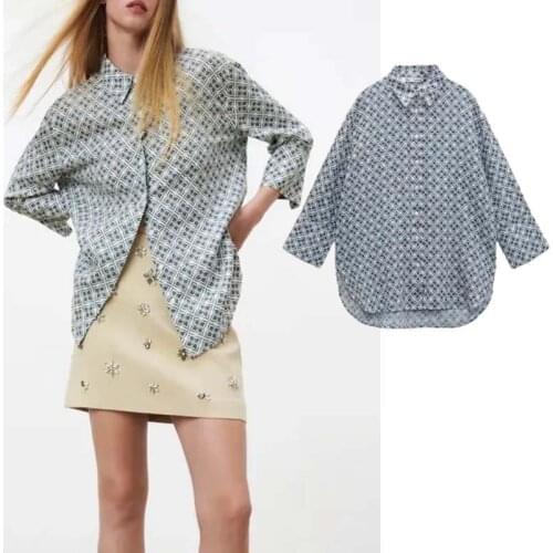 Klkxmyt Za Womens Shirt 2021 Print Button Up Shirt Woman Long Sleeve Summer Blouse Fashion Asymmetric Hem Casual Vintage Tops