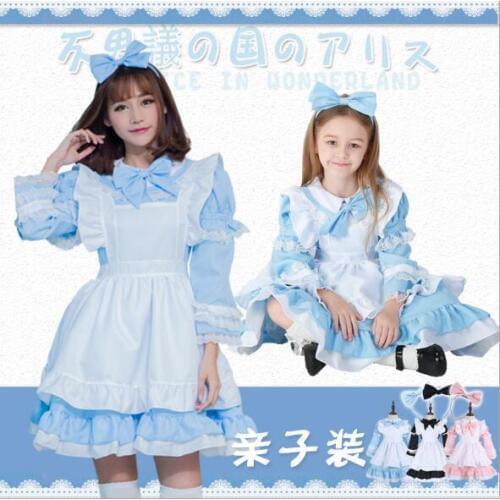 Girls Cosplay Alice in Wonderland Costume Lolita Dress Maid Cosplay Fantasia Carnival Halloween Costumes for Women& Kids