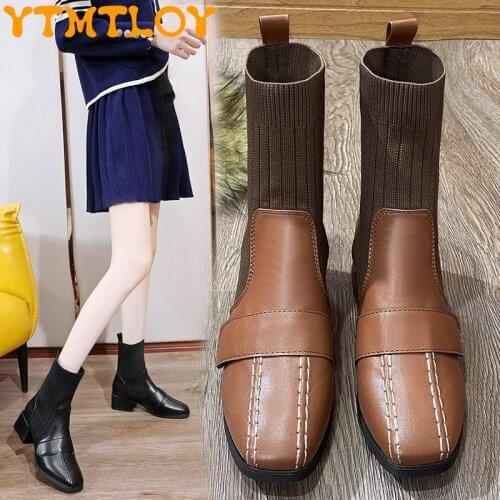 Leather Martin Boots Womens Short Boots 2021 Autumn And Winter New Skinny Boots Socks Shoes Flat Net Celebrity Wild Female Brit