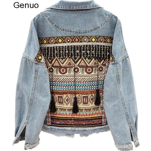Vintage Ethnic Jeans Jacket Coat Women Tassel Embroidery Flowers Denim Coat Loose Long Sleeve Short Bohemia Denim Outwear Female