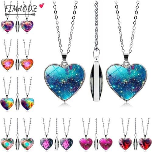 FIMAODZ Fashion Double Side Nebula Space Universe Galaxy Necklace Stars Glass Pendant Love Shape Crysta Men And Women Jewelry