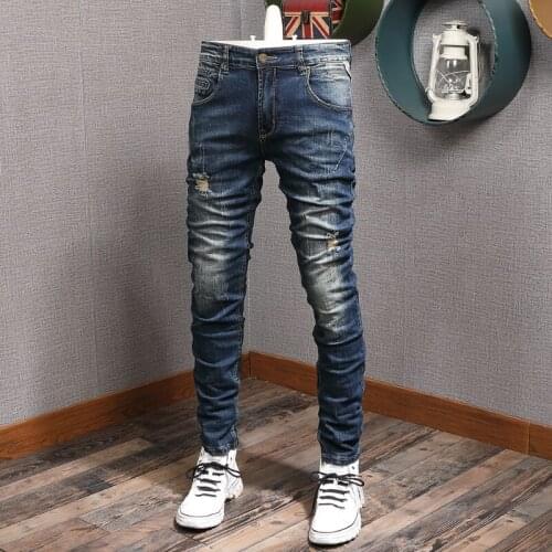 Italian Style Fashion Men Jeans Elastic Slim Fit Retro Blue Ripped Denim Pants Hombre Vintage Designer Spliced Hip Hop Trousers