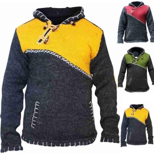 Fashion Yellow Stitching Color Men Pullover Sweater Hoodies Jacket Stylish Knitted Sweaters Autumn Streetwear Oversize Coat Tops