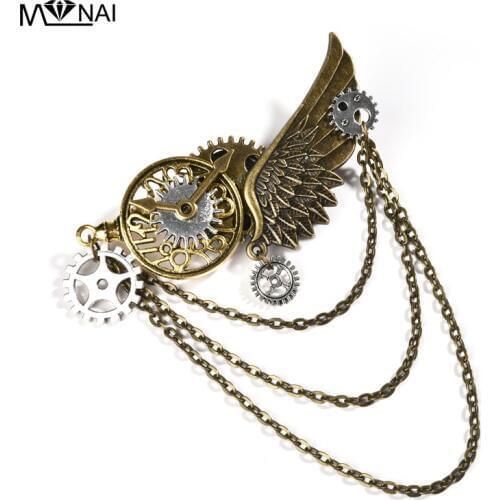 Steam Punk Man Women Wings Pin Brooch Gears Chains Hair-clip Retro Vintage Hairpin Cogs Gothic Accessories