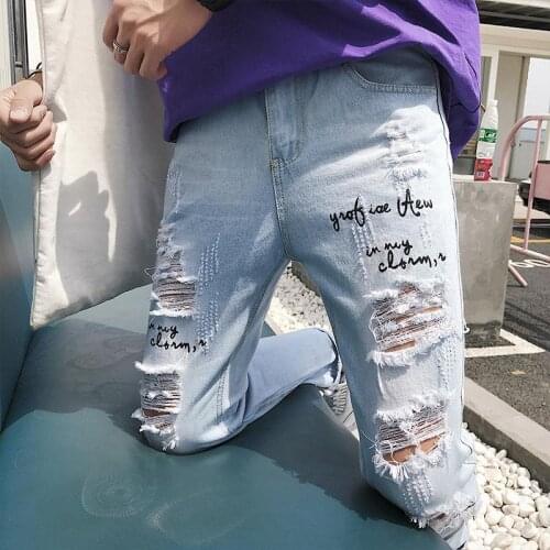 Super-hot oversized ripped jeans mens broken copper loose-fitting beggar South Korea scraped ninth pants pencil jeans for men