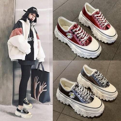 New Colorful Burst Leather Lace-up Platform Sponge Cake Slanted Heel All-Match Sneakers Super Fire Daisy Womens Shoes Fashion