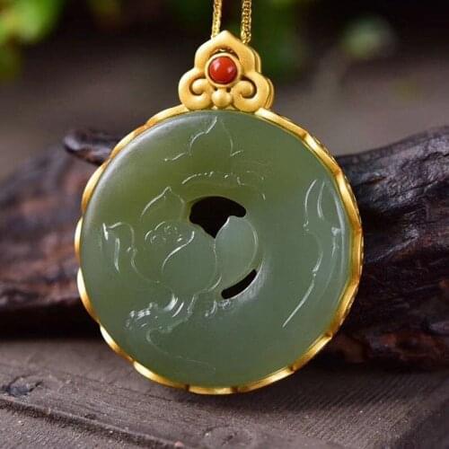 New silver inlaid natural Hetian jade lotus Pendant Necklace Chinese style retro unique ancient gold craft charm womens jewelry