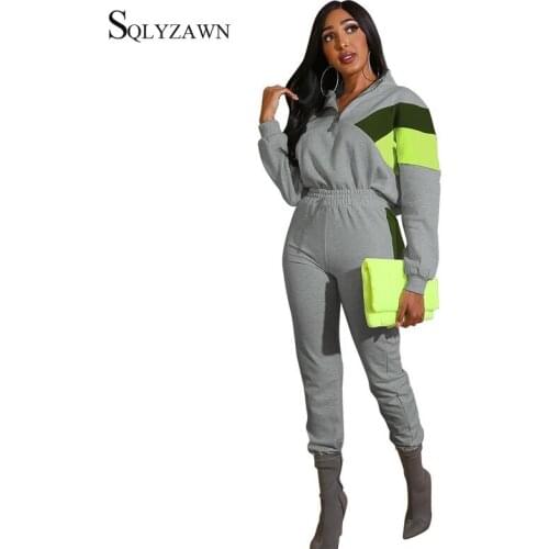 Casual Patchwork Two Piece Tracksuit Set Female Sweatshirt Pullover Matching Sport Jogger Outfits Spring Autumn Green Gray Suit