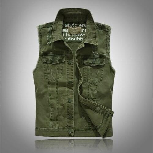 SHiONFA Korea Slim Fit Mens Jeans Vest Army Green Casual Sleeveless Top Turn Down Collar Male Cardigan Outerwear Asian Size 5XL
