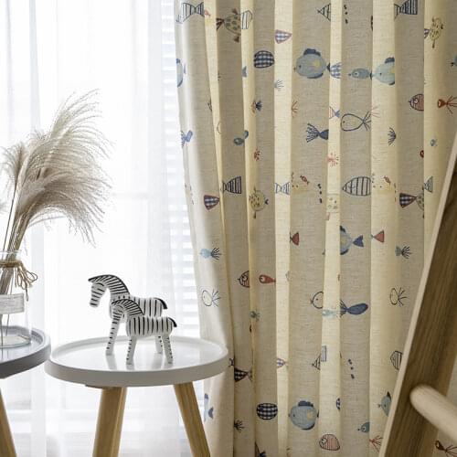 Modern Curtains for Living Room Bedroom Simple Cartoon Children Cute Fish Linen Printed Curtains Finished Product Customization