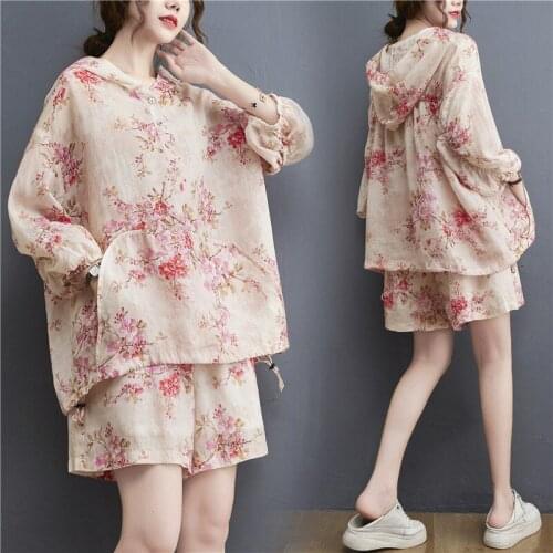 Loose Casual Tracksuit Womens Summer New Literary Plus Size Printed Hooded Top + Wide Leg Shorts Two Piece Set Outfit zh1444