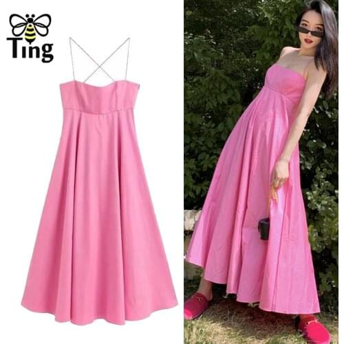 Tingfly Vintage Elegant France Chic Pink Color Midi Dress France Chic Ins Icon A Line Dress Boho Strap Summer Dress Elbise Robes