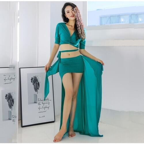 Womens belly dance dance clothes practice clothes new sexy V-neck top + skirt 2pcs elegant long skirt oriental dance set