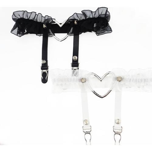 Sexy Harajuku Handmade Heart Matel Lace Garter Punk Studded Garter Belt Thigh Leg Black White Pink