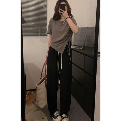 2021 Summer 2 Piece Set Women Drawstring Y2k Crop Tops + High Waist Loose Pants Tracksuit Female Korean Style Design Tshirts