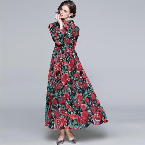 ZUOMAN Women Spring Elegant Floral Chiffon Dress Festa High Quality Long Maxi Party Robe Femme Vintage Designer Red Vestidos