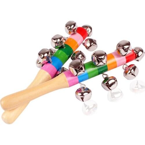 1PC Babys Bell Vocal Toys Rainbow Shaker Stick Educational Toy Handle Wooden Activity Bell Ring Rainbow Musical Instrument
