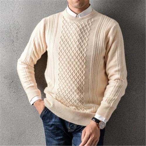 100%goat cashmere twisted knit men smart casual Oneck thick pullover sweater solid color S-2XL