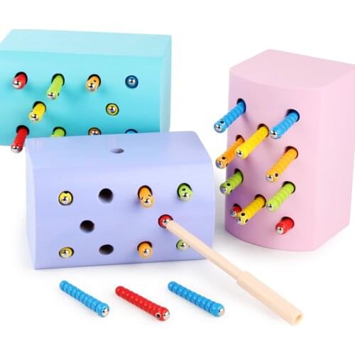 DIY 3D Wooden Puzzle Toys Catch Worms Game Color Cognitive Magnetic Development Educational Toys For Children Kids Baby