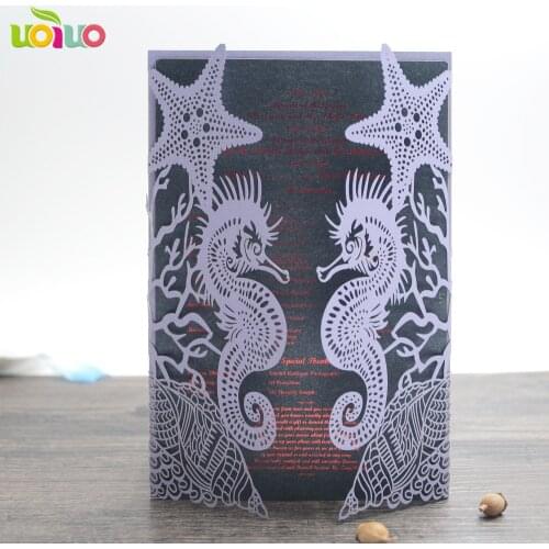50pcs purple sea horse Laser cut wedding invitation cards ,marriage floral birthday Anniversary invitations card party Kits