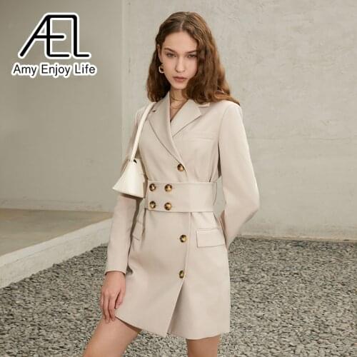 AEL Women khaki Slim Blazer Dress with belt 2021 British Vintage Elegant Minidress Fashion Streetwear