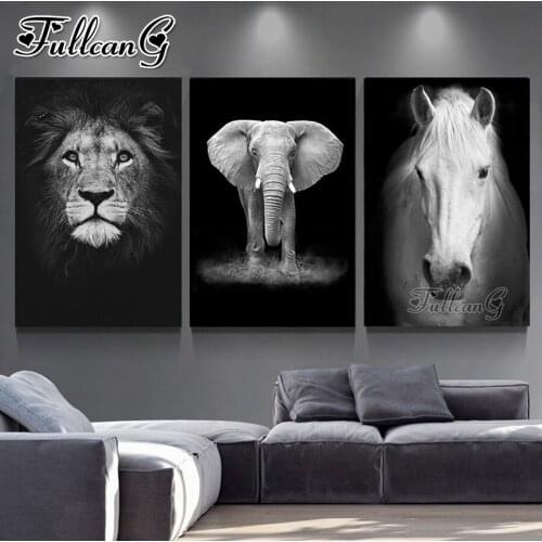 FULLCANG 5d diy diamond embroidery animals black and white lion elephant horse painting triptych full square round drill FC3608