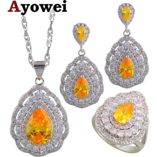 Ayowei Silver Stamped Fashion Earring Necklace Pendant Ring Yellow Zicon White Crystal enamel Jewelry Sets JS698A