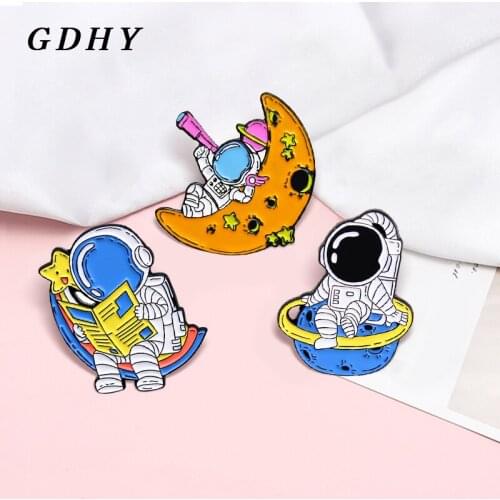 GDHY Astronaut Space Travel Enamel Brooch Pin Universe Cosmic Planets Moon Star Brooch Custom Badge Jewelry Gift for Kids