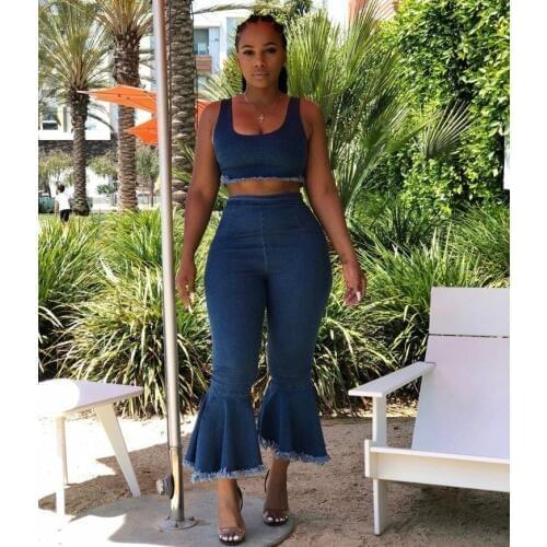 Adogirl Plus Size S -3XL Jeans Two Piece Set Zipper Closure Cropped Tank Top Flare Pants Foot Cut Trousers Women Denim Outfits