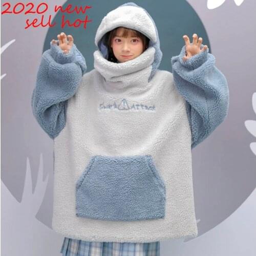 Harajuku Style Aesthetics Shark Anime Hoodie Korea Kawaii Crew Neck Long Sleeve Oversized Streetwear Autumn/Winter Clothing Top