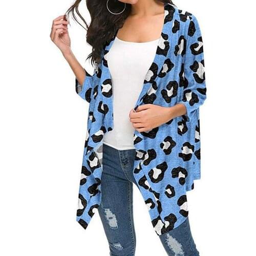 Casual Leopard Print Cardigan Women Tops Spring Autumn Fashion Long Sleeve Shawl Kimono Coat Woman Clothing Blue Blouses