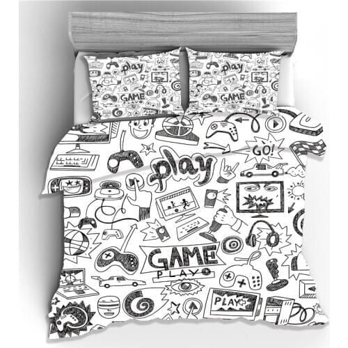 White & Black Game Play Gamepad Computer Cartoon Printed Bedding Set Duvet Cover Pillowcase Bed Linens Twin Full Queen King Size