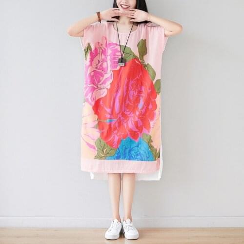 Plus Size Baggy Dresses Women Oversize Bat Sleeve Thin Dresses Japan style Cotton Linen Printed Loose Vintage O Neck Maxi Dress