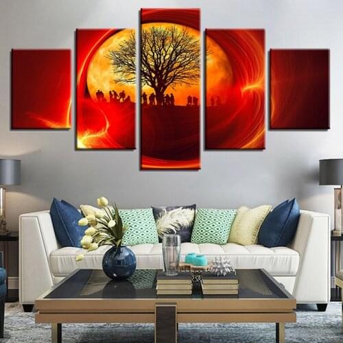 Modular Canvas Painting Wall Art 5 Pieces Tree And Soldier Red Sun Abstract Landscape Pictures HD Printing Decor For Living Room
