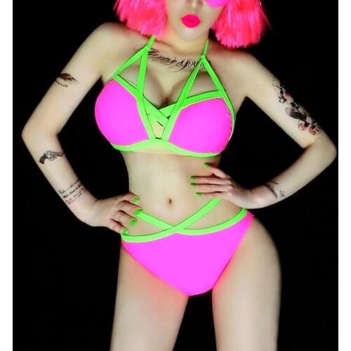 New Nightclub Bar DJ DS Female Singer Stage Performance Clothes Sexy Fluorescent Green Bikini Party Celebration Costume DL4355