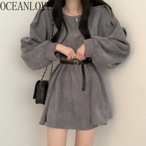 OCEANLOVE Corduroy Vestidos Solid Puff Sleeve Chic Elegant A-line Mini Dresses Women Korean Fashion Autumn Winter Robe Femme