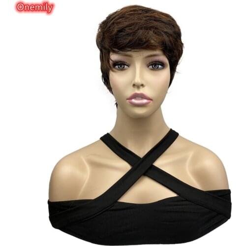 Onemily Short Straight Shaggy Pixie Cut Layered Brown Natural Synthetic Heat Resistant Fiber Daily Wigs