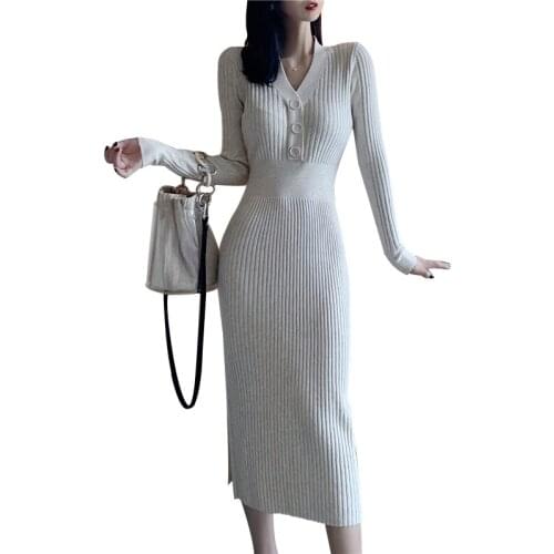 V-Neck Pencil Sweater Dress Women Autumn Winter Long Sleeve Buttons Slim Sexy Long Knitwear Dress Female High Waist Vestidos