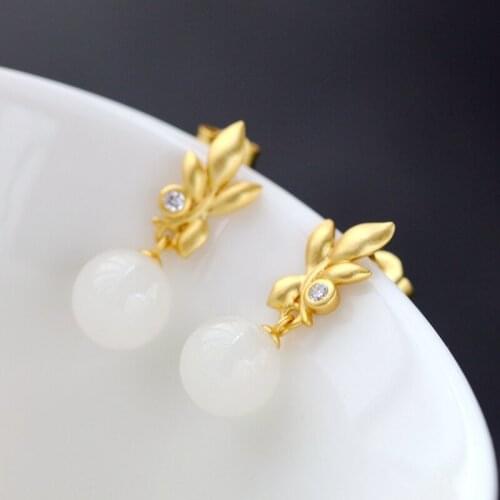 Authentic 925 Sterling Silver Earrings Inlaid Natural White Jade 18K Gold Plated Eardrop Trendy High Quality Party Fine Jewelr
