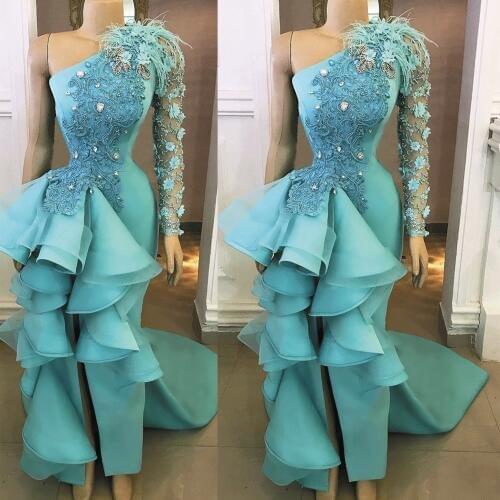 SuperKimJo Abendkleider One Shoulder Luxury Evening Dresses Long Lace Applique Beaded Feather Turquoise Blue Evening Gown 2020