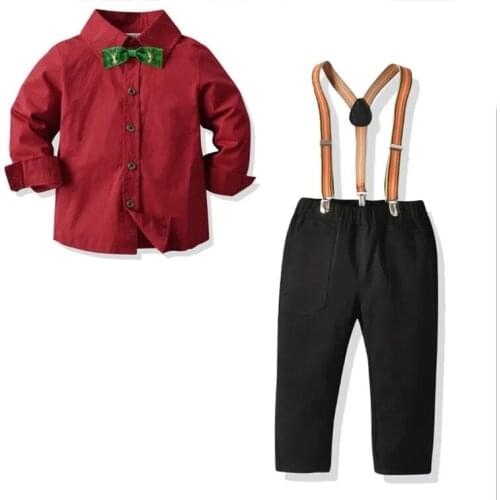 New Spring Autumn Boys Strap-inch shirt bow tie Childrens Inch shirt Two-piece Set Gentleman Boy Childrens Suit Clothing