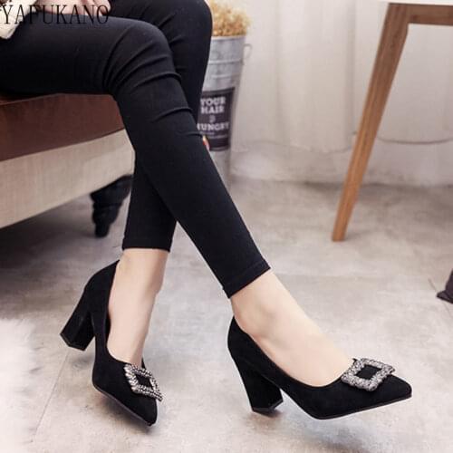 Fashion Comfort Womens Single Shoes Korean Version Wild Pointed Shallow Mouth High Heels Professional Black Suede Work Shoes
