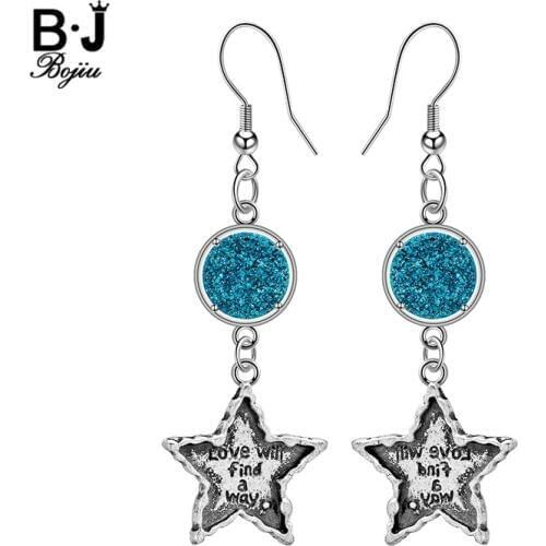 BOJIU Silver Color Chain Tassel Drop Dangle Long Earrings Blue Gray Natural Druzy Stone Star Pendant Earring For Women EA050