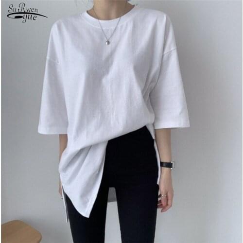 2021 Summer Casual White Tee Shirt Femme Plus Size Loose Cotton T Shirt Women O-Neck Half Sleeve Base Woman Tshirts Tops 12507