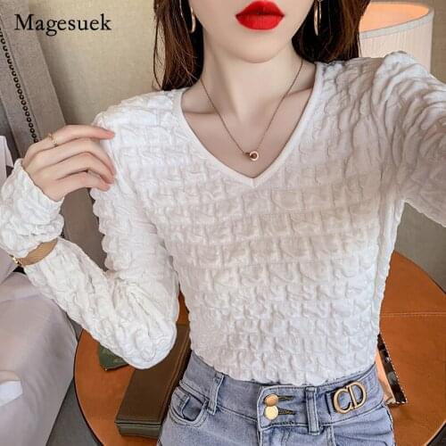 Korean 2021 Autumn Spring New V-neck Tops Folds Solid Pattern Long Sleeve T-shirt Elegant Sweet Womens Slim Shirt Blusas 16505