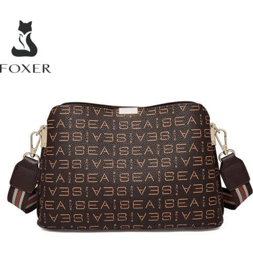 FOXER Womens Wide Woven Shoulder Strap Messenger Bag Womens PVC Material Brand Logo Shoulder Bag Large Capacity Commuter Bag