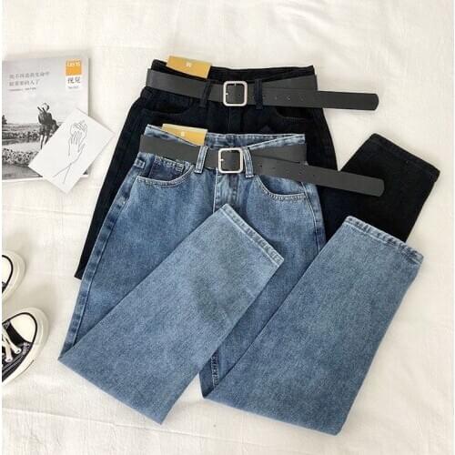 Vintage High Waist Jeans Women Solid Straight Pants Loose Casual Plus Size High Street Denim Trousers Pantalon Femme With Belt