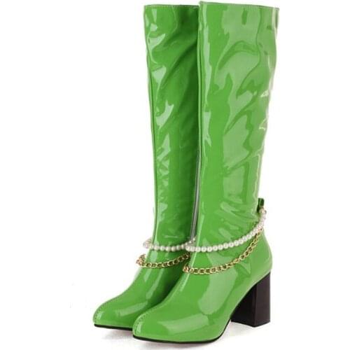 PXELENA 5 Candy Color String Beads Metal Chain Cosplay Riding Knight Knee High Boots Women Patent Leather Block Heel Shoes Green